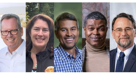 A photo collage of John Ballard, Karen Diemer, Anand Gopal, Rakin "Rock" Hall, and Tory Starr, who were named 2025 Distinguished Alumni.