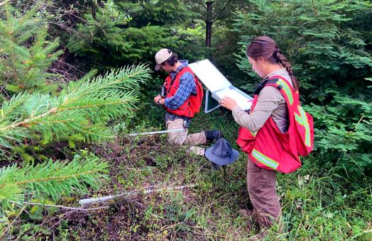 Forestry students Destiny Rivera and Jacob Adelman establish a forest carbon sample plot in Jacoby Creek forest.