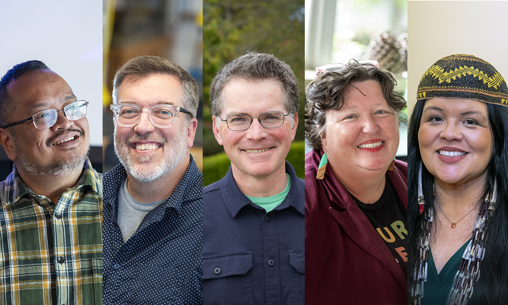 A photo collage of made up of Outstanding Faculty members:  Paul Michael Leonardo Atienza, Paul E. Bourdeau, Brandon L. Browne, AmyK Conley, and Cutcha Risling Baldy are being recognized for their excellence in teaching and scholarship.