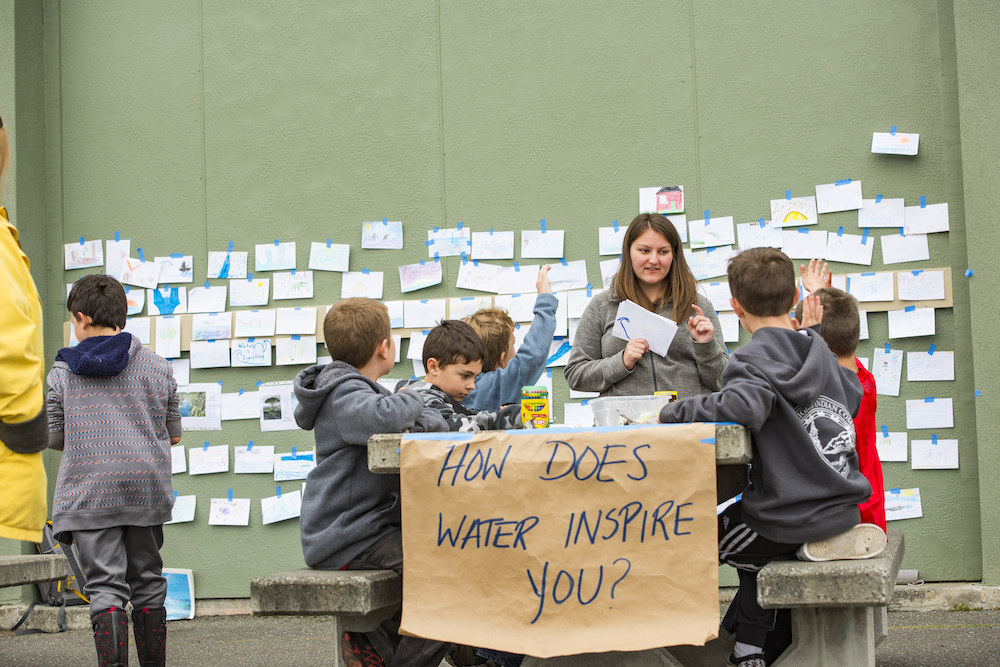 children sitting at a bench with a sign attached to it that reads, "how does water inspire you?"