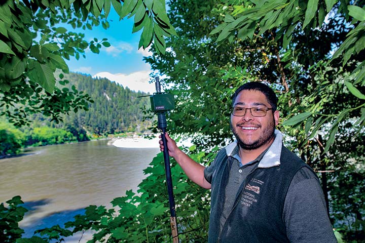 Ryan Matilton monitors bat species using acoustic mini bat ultrasonic recorders in seven different locations along the Klamath River Basin immediately downstream of the Iron Gate Dam to the mouth of
                            the Klamath River in Ter-wer.
