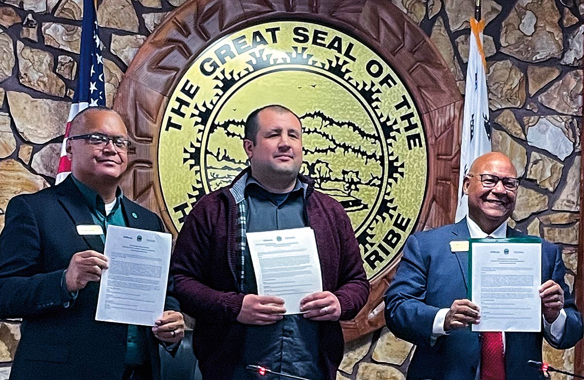 Former Cal Poly Humboldt President Tom Jackson, Jr. (far left) and College of the Redwoods President Keith Flamer (far right) signed an official Memorandum of Understanding with Hoopa Valley Indian Reservation Tribal Chairman Joe Davis (center) in 2023.