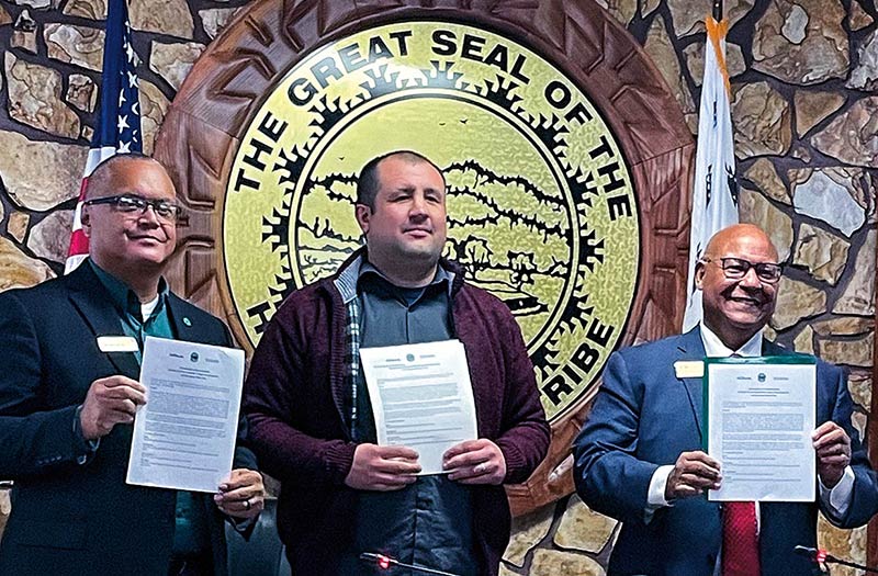 Former Cal Poly Humboldt President Tom Jackson, Jr. (far left) and College of the Redwoods President Keith Flamer (far right) signed an official Memorandum of Understanding with Hoopa Valley Indian Reservation Tribal Chairman Joe Davis (center) in 2023.