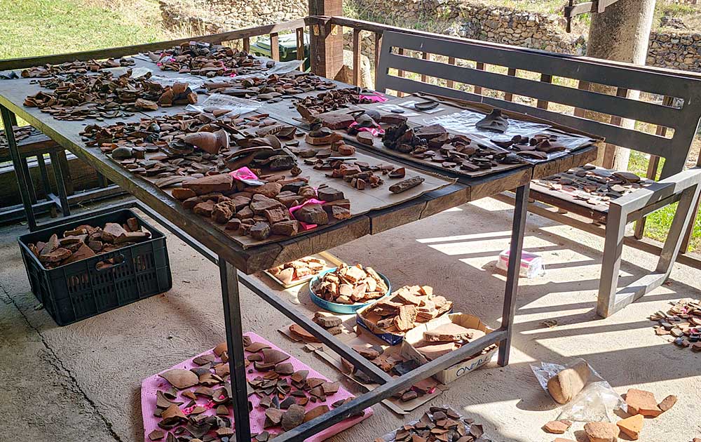 A table covered with various types and sizes of artifacts, showcasing their natural textures and colors