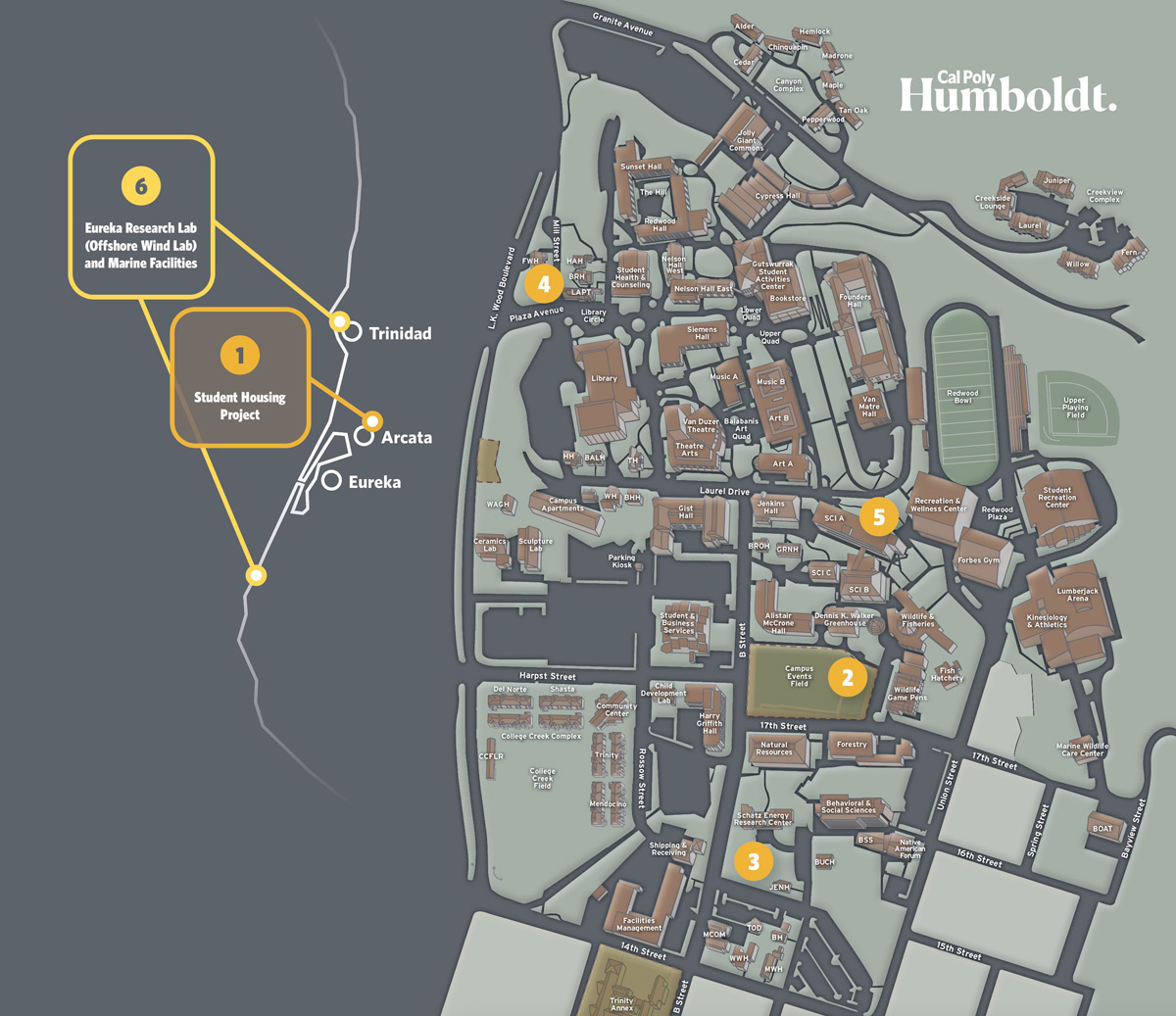 large map of campus with numbers on it