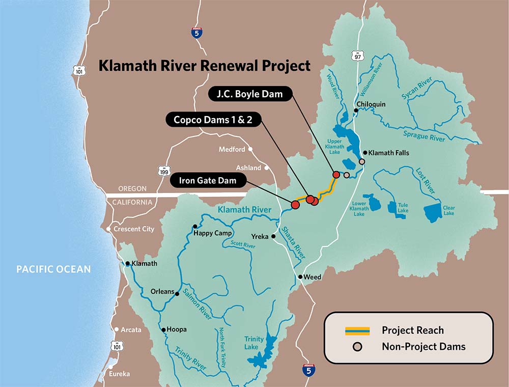 Klamath River Renewal Project map showing location of Iron gate, Copco 1&2, and J.C. Boyle Dams and the