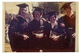 (From left to right): Kevin Dempsey, Larry Ford, Randy Ishihara, and Bob McKenzie at commencement in 1973.