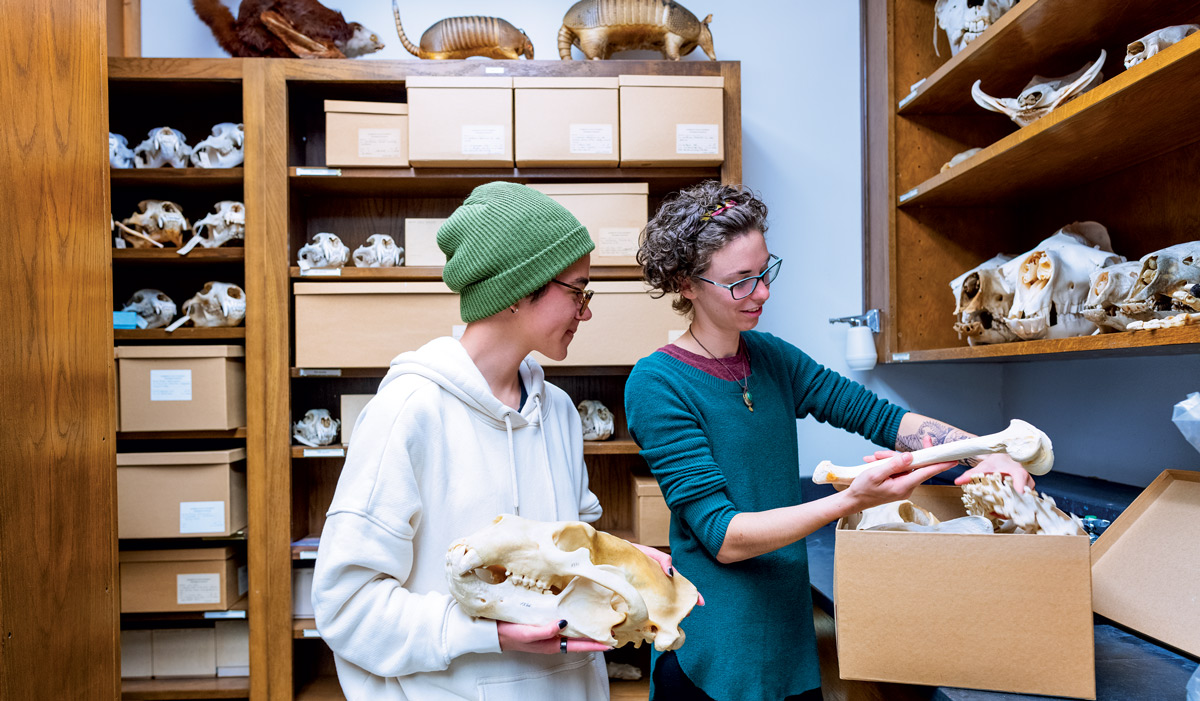 A student and a professor in the museum handling specimens