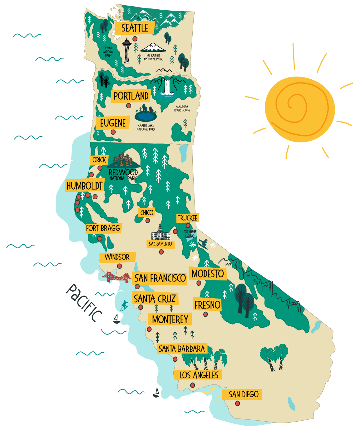 Illustrated map showing the Forever Humboldt Mobile Alumni Center route