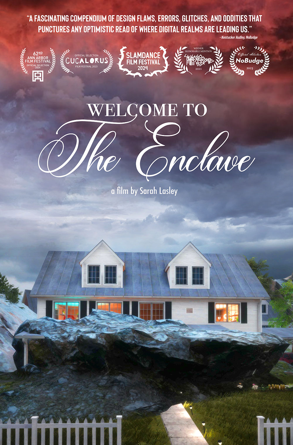 The poster for "Welcome to the Enclave" features a house under stormy skies.