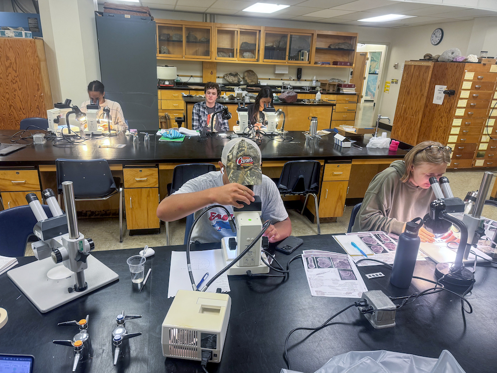 Cores to Code students using microscopes in Cal Poly Humboldt’s sedimentology lab to identify foraminifera in marsh sediment.
