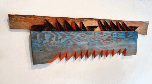 Robert Benson, Burning Along The River, 2023, Salvaged Old Growth Redwood, Oil Paint, Fire