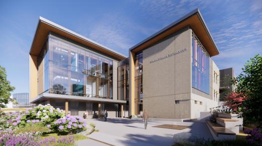 The west entrance plaza (above), and north-facing connector to McCrone Hall, as well as the south-facing outdoor fabrication space towards Wildlife Lane, anchor the building and encourage a new way to access the south end of the campus.