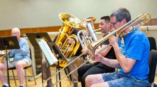 A photo of brass musicians during a workshop at the Brass Music Workshop on campus.