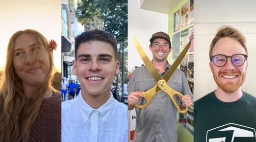 A photo collage of the Fall 2025 Humboldt Alumni Scholarship recipients: Trinity Abercrombie, Zane Stromberg, Jim Thomas, and Sam Walker