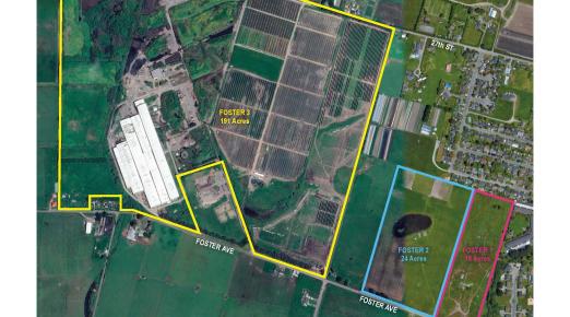A map rendering of the Foster Avenue properties acquired by the University. 