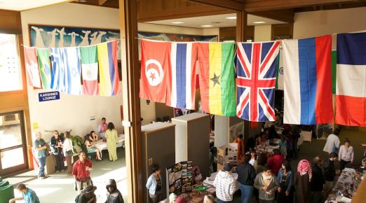 Flags from several different nations hang above several people visiting the IEW's international cultural festival 