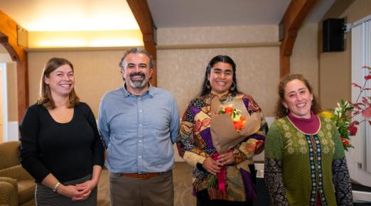 A photo of Allison Bronson, assistant professor of Biological Sciences, Çağlar Dölek, assistant professor of Sociology, Yaneyry Delfin Martinez, graduate student in the Public Sociology program, and  Alana Chin, assistant professor of Biological Sciences.
