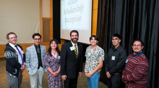 A photo of Cal Poly Humboldt President Richard Carvajal and students who have received scholarships at the annual Scholarship Reception.