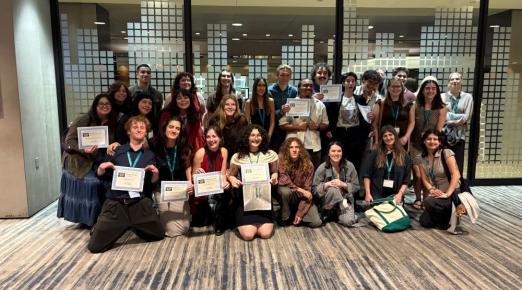 A group photo of Cal Poly Humboldt Journalism students holding their CCMA Journalism awards.