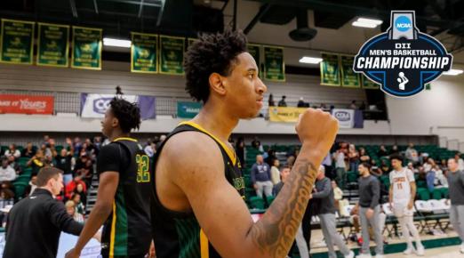 A photo of Cal Poly Humboldt basketball player celebrating their selection to the Division 2 NCAA tournament.