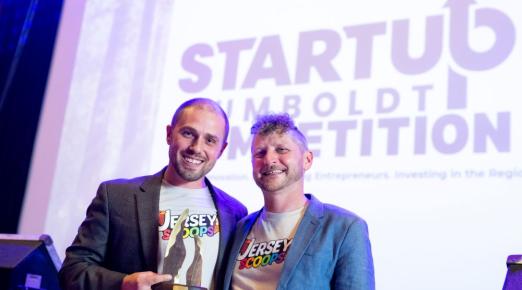 A photo of Jersey Scoops founders Thomas and Cody Nicholson Stratton holding their first place award at the StartUp Humboldt competition. 