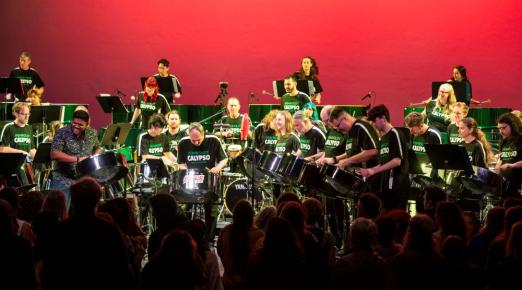 A photo from the Cal Poly Humboldt Calypso Band performance in 2025. 