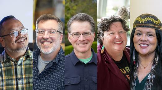 A photo collage of made up of Outstanding Faculty members:  Paul Michael Leonardo Atienza, Paul E. Bourdeau, Brandon L. Browne, AmyK Conley, and Cutcha Risling Baldy are being recognized for their excellence in teaching and scholarship.