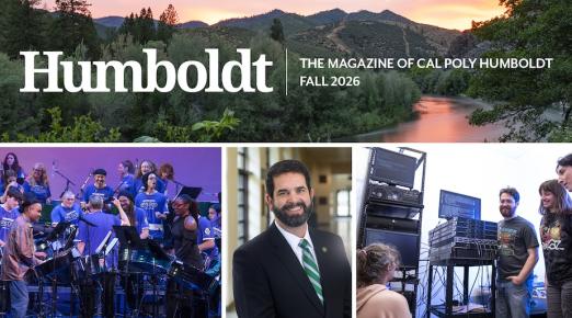 a collage of photos includes a landscape shot of the Klamath river at sunset, President Carvajal, a band onstage, and students looking at a computer. 