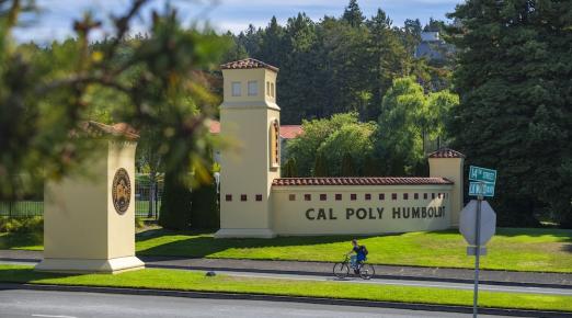 A view of the front gates of the university with greenery all around 
