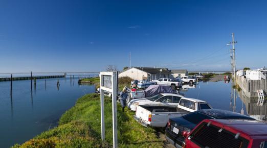 a row of cars in the communiy of King Salmon are partilly submerged during high tide