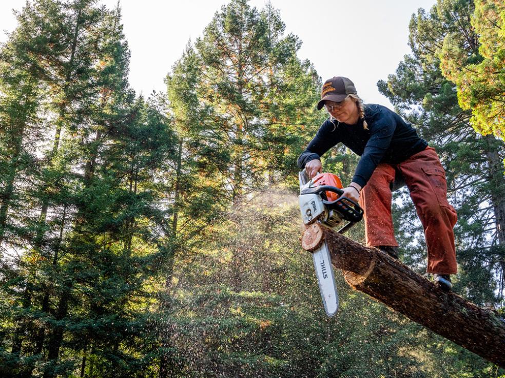 Student member of Cal Poly Humboldt&#039;s Logging Sports Club  