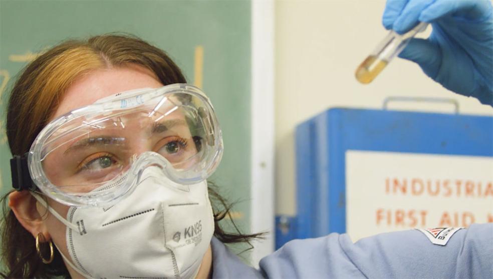 A CIRM student exams a test tube in a lab.