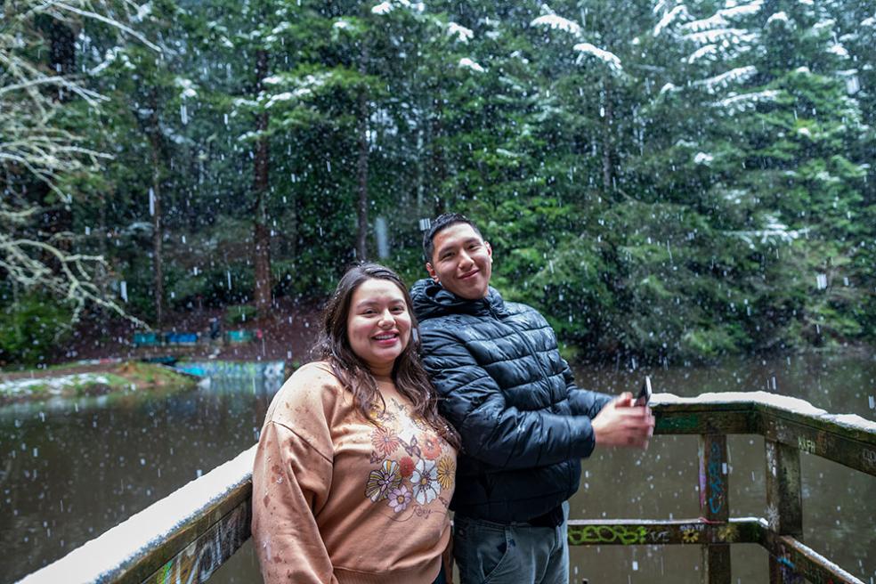 Posing for snow pictures at Fern Lake