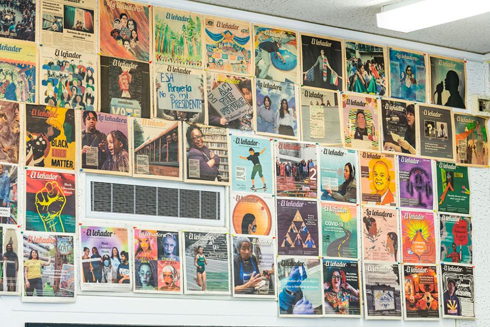 A wall of El Leñador covers in the newsroom