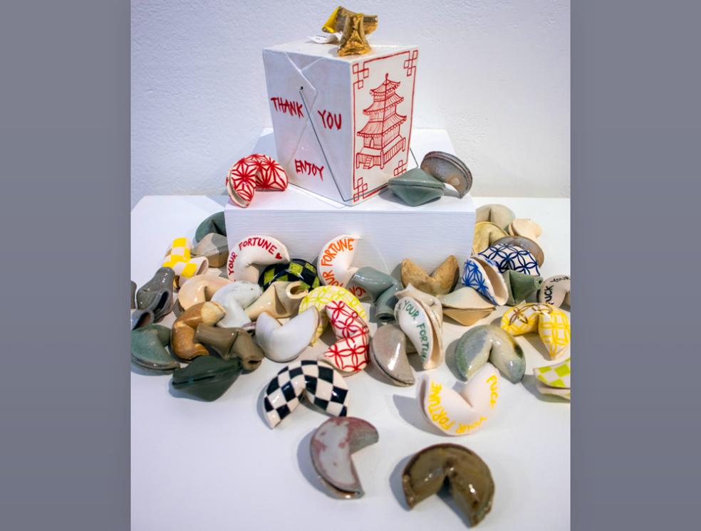 Rebecca Suen, If You Still Think MSG Is Bad For You Then... 2022, Ceramics, underglaze, glaze, gold luster and steel. 2022 Permanent Collection Purchase Prize winner.