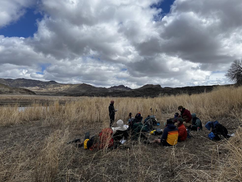 The group took a break from backpacking for a student-led lesson about public lands. Photo by Geneviève Marchand.