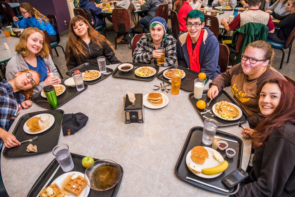 Students enjoy a free late night breakfast during Finals week.