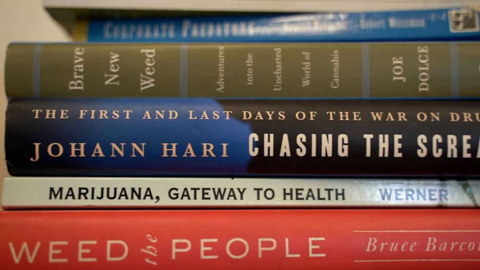 A stack of books about cannabis, including Weed the People, Chasing the Scream and more.