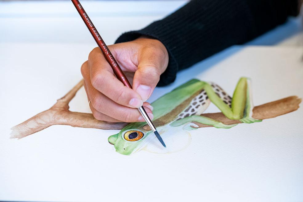 Jamie Hefley uses a paintbrish to delicately put the final touches on a portrait of an extinct species of frog. 