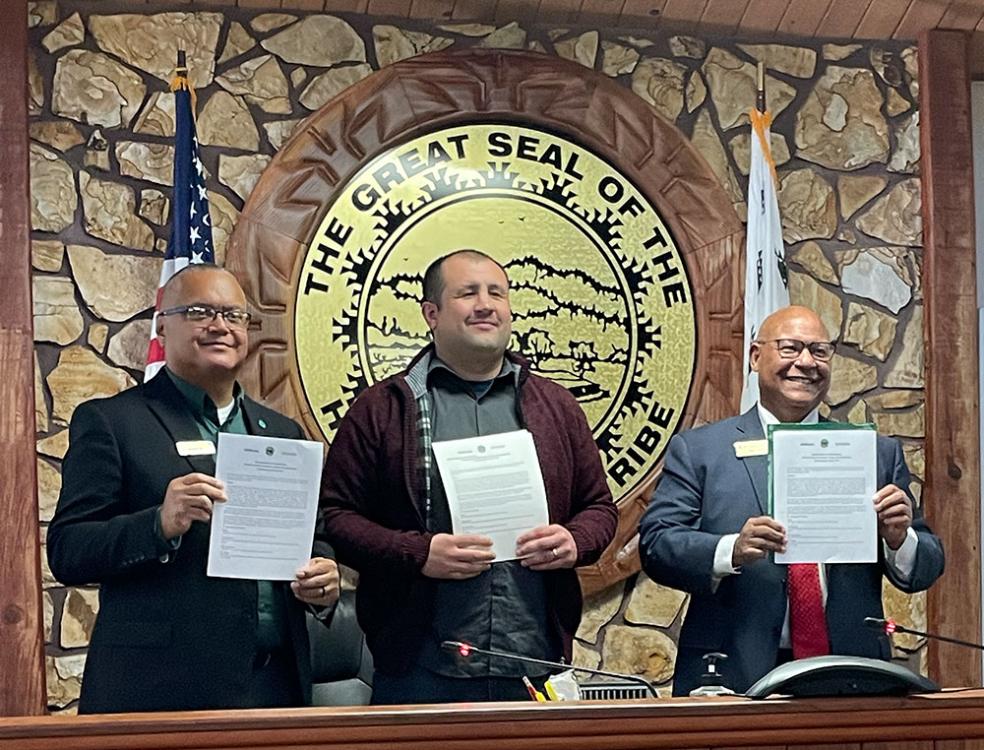 (Left to right) Cal Poly Humboldt President Tom Jackson, Jr., Hoopa Valley Indian Reservation Tribal Chairman Joe Davis, and College of the Redwoods (CR) President Keith Flamer.