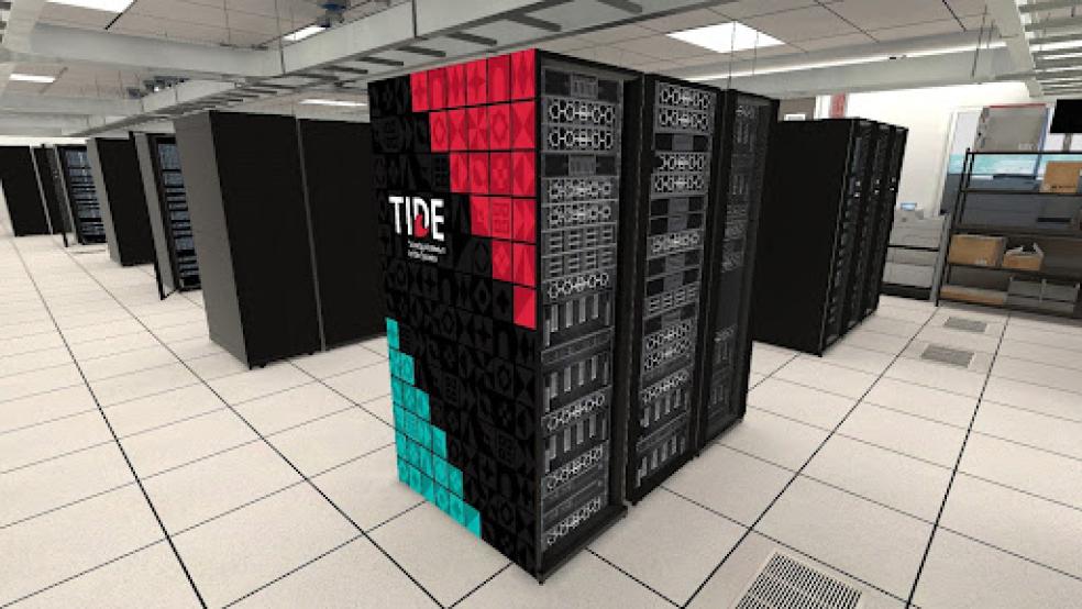 A photo of Dell PowerEdge servers with TIDE logo superimposed