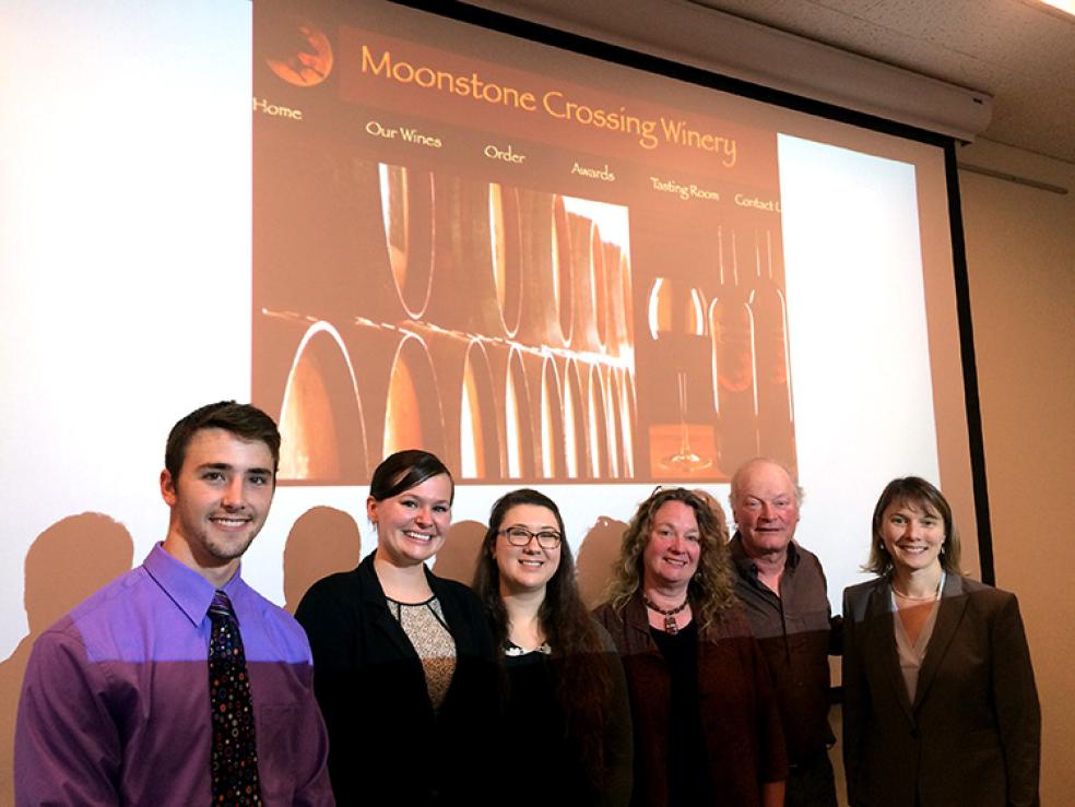 Moonstone Crossing Cancer Research Assistantship award recipients Sharon Otis, Rachel Brewer, and Logan Bailey post with winery owners Don Bremm (M.S. ‘88, Natural Resources) and Sharon Hanks (B.A. ‘79), and Amy Sprowles, professor of Biological Sciences.