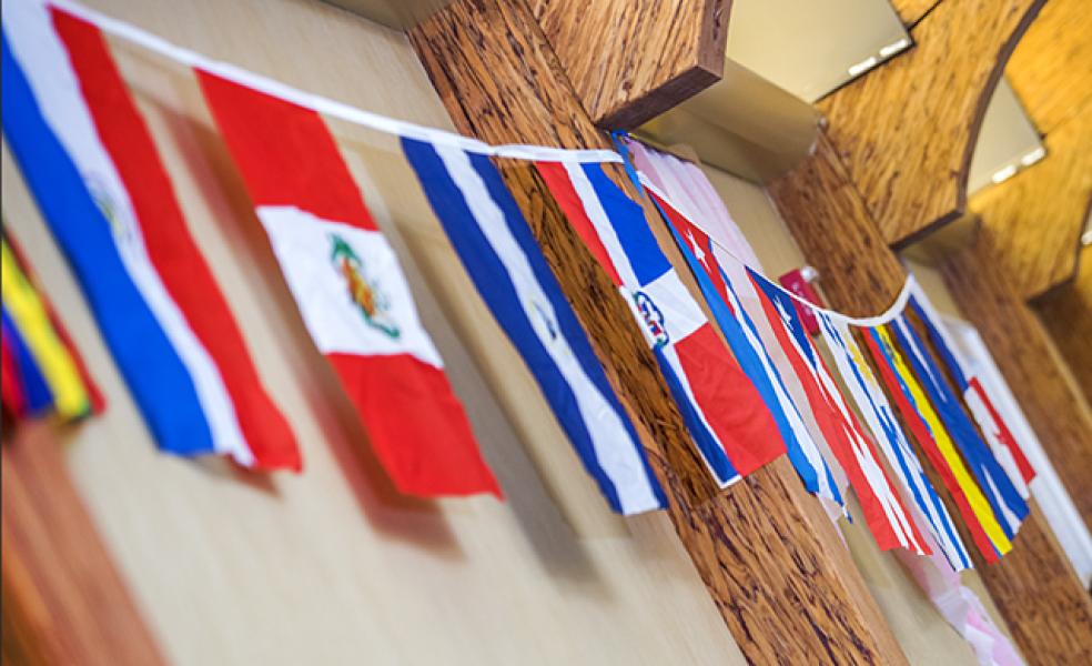 A photo of flags from different countries hanging on a wall