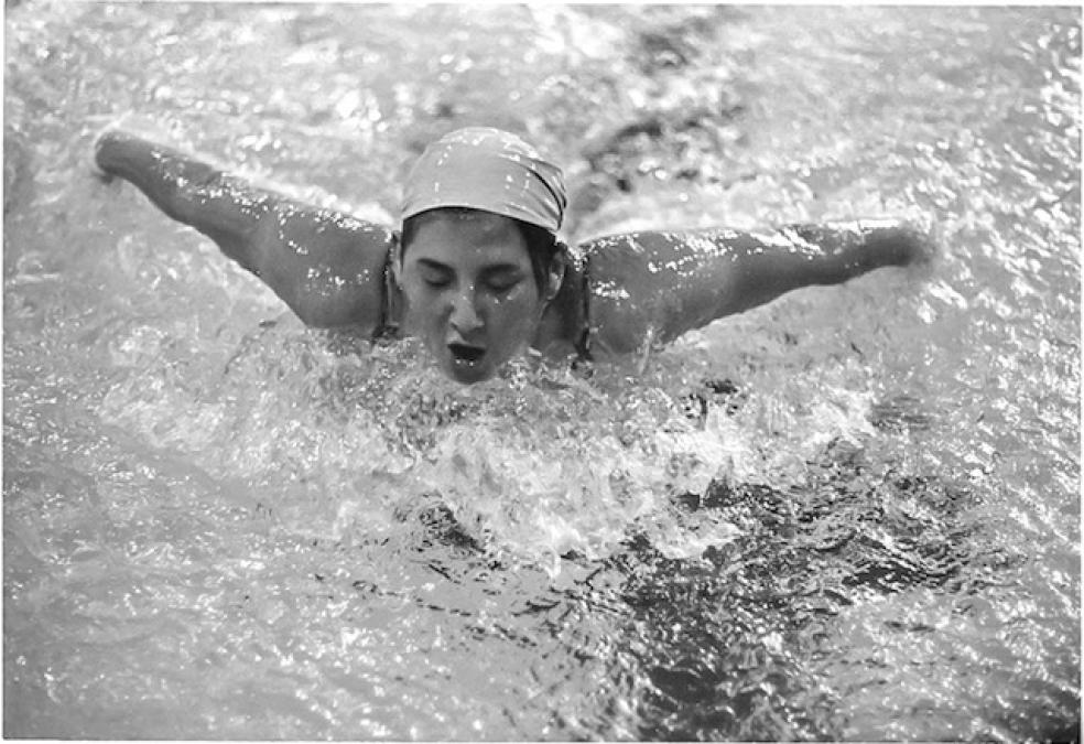 Robin Smith during dual swim meet in the late 1970s as a member of HSU&#039;s Women&#039;s Swimming and Diving Team.