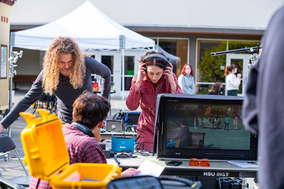 Sarah Lasley and film students work on a film shoot at Humboldt.