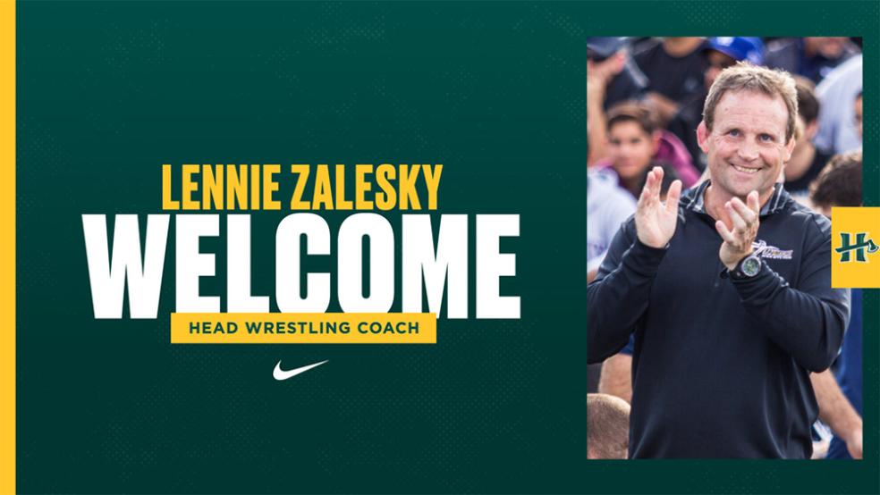 A graphic welcoming Lennie Zalesky as Cal Poly Humboldt's newest wrestling coach that features a photo of Zalesky. 