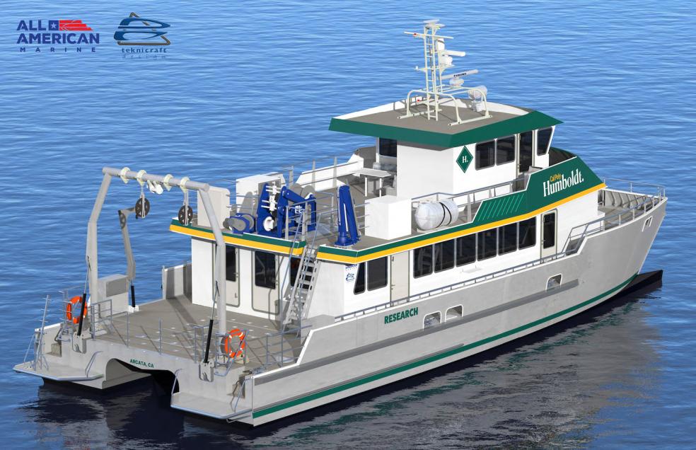 Rendering of Cal Poly Humboldt's new research vessel (aft view). (Courtesy of All American Marine)