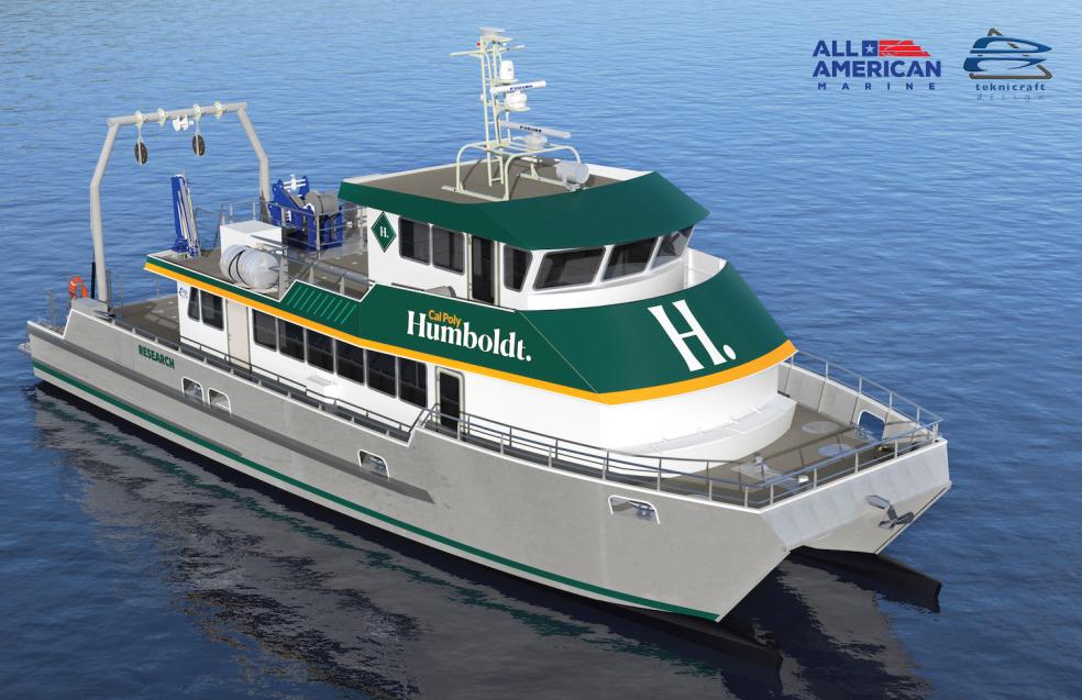 Rendering showing the bow of Cal Poly Humboldt's new research vessel. (Courtesy of All American Marine)