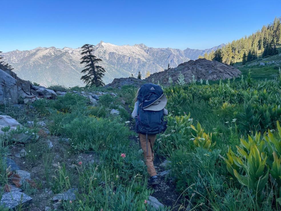 A photo of a hiker walking through the Klamath Mountains. 